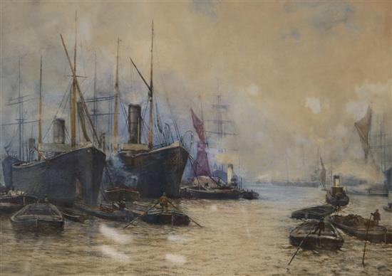 Arthur Legge (1859-1942), watercolour, shipping on the Thames, signed and dated 89, 39 x 59cm
